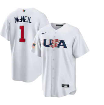 Men's USA Baseball #1 Jeff McNeil 2023 White World Baseball Classic Replica Stitched Jersey Men's USA Baseball #1 Jeff McNeil 2023 White World Baseball Classic Replica Stitched Jersey